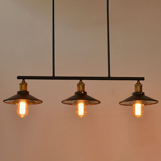 Industrial Black 3-Light Metal Island Pendant With Cone Shade - Perfect For Restaurant Lighting