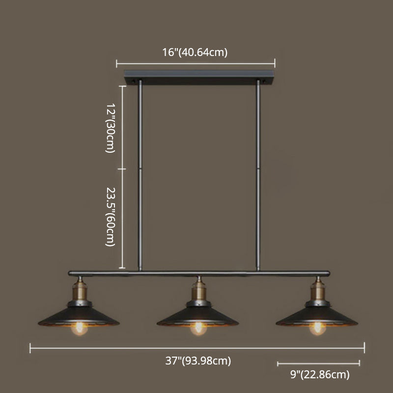 Industrial Black 3-Light Metal Island Pendant With Cone Shade - Perfect For Restaurant Lighting