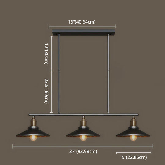 Industrial Black 3-Light Metal Island Pendant With Cone Shade - Perfect For Restaurant Lighting