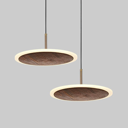 Modern Round Brown Walnut Wood Pendant Light - Simple Led Hanging Lamp For Living Room