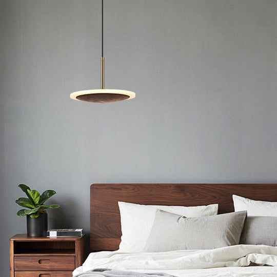 Modern Round Brown Walnut Wood Pendant Light - Simple Led Hanging Lamp For Living Room