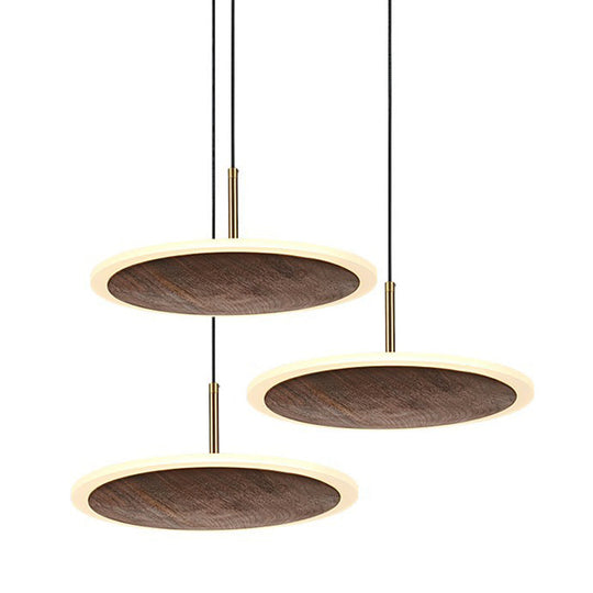 Modern Round Brown Walnut Wood Pendant Light - Simple Led Hanging Lamp For Living Room