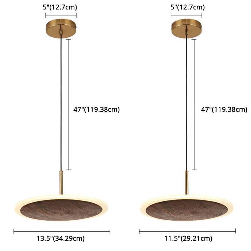 Modern Round Brown Walnut Wood Pendant Light - Simple Led Hanging Lamp For Living Room