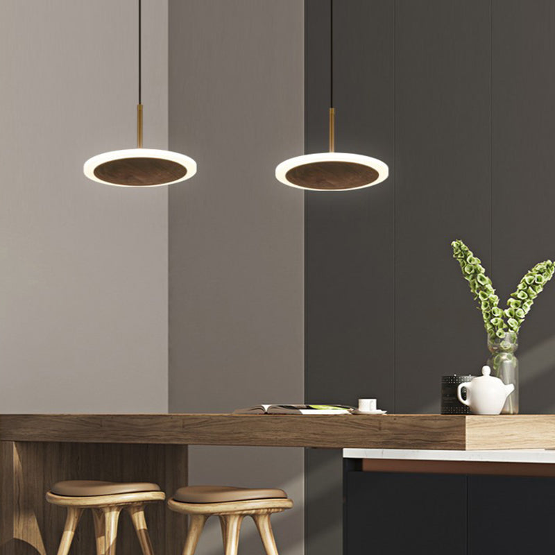 Modern Round Brown Walnut Wood Pendant Light - Simple Led Hanging Lamp For Living Room