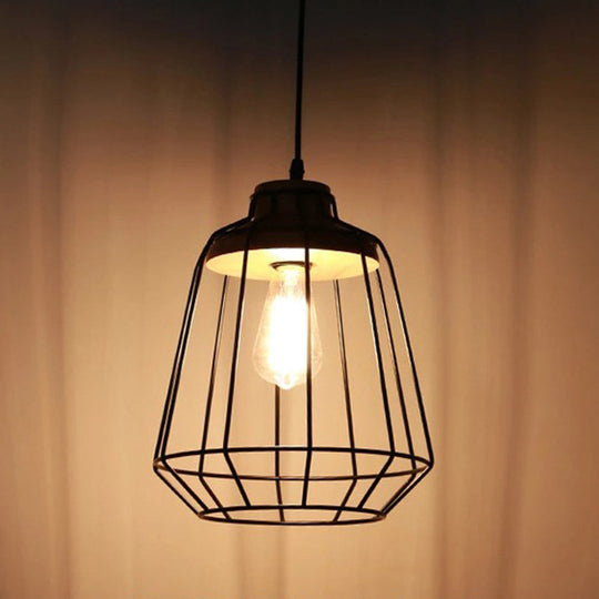 Restaurant Wire Cage Pendant Light: Black Metal Industrial Retro Hanging Lamp