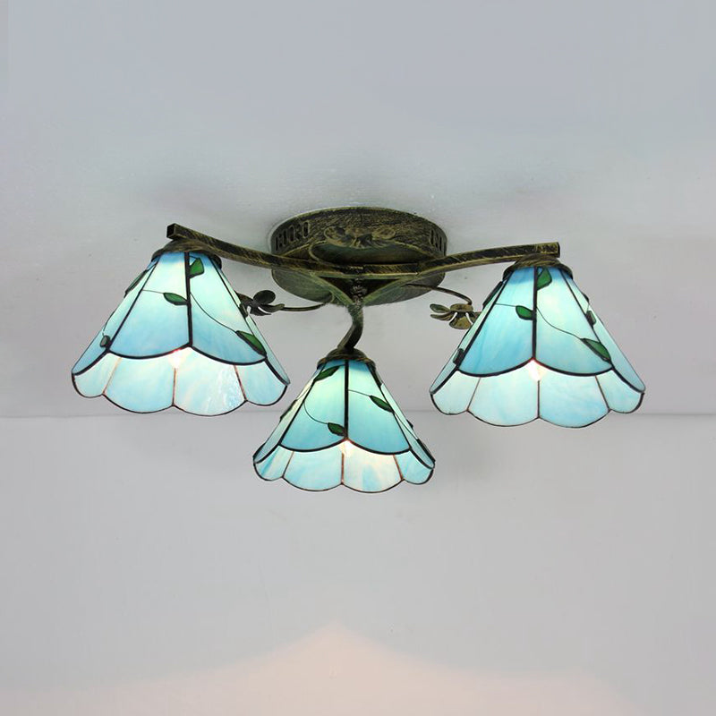 Stained Glass Tiffany Style Flushmount Light With 3 Lights - White/Clear/Blue/Beige Blue