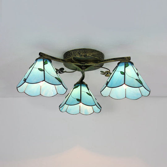 Stained Glass Tiffany Style Flushmount Light With 3 Lights - White/Clear/Blue/Beige Blue