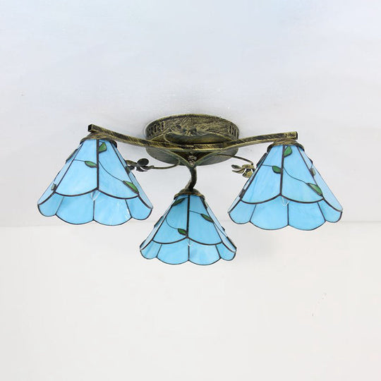 Stained Glass Tiffany Style Flushmount Light with 3 Lights - White/Clear/Blue/Beige