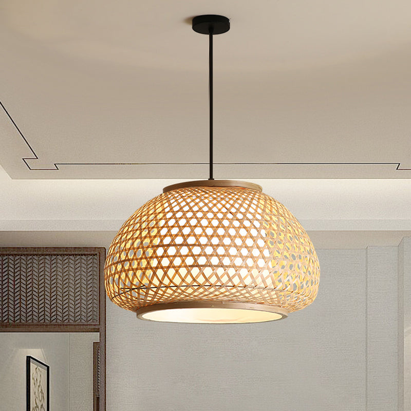 Asia Style Rattan Shade Pendant Lamp - 1 Light Ceiling Lantern In Beige