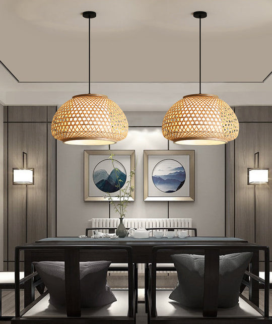 Asia Style Rattan Shade Pendant Lamp - 1 Light Ceiling Lantern In Beige