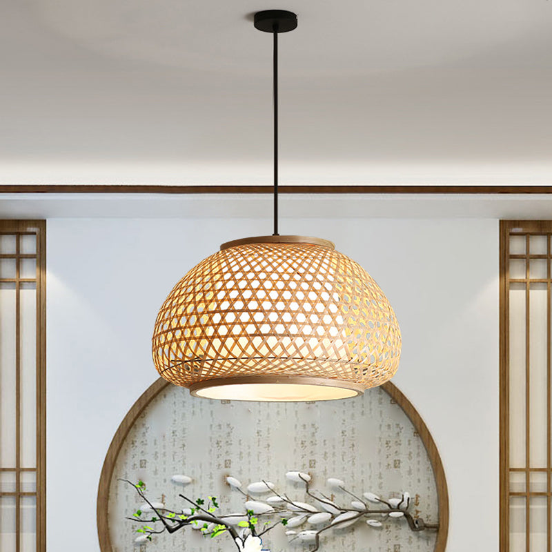 Asia Style Rattan Shade Pendant Lamp - 1 Light Ceiling Lantern In Beige