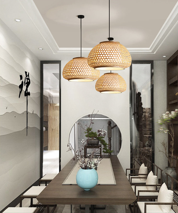 Asia Style Rattan Shade Pendant Lamp - 1 Light Ceiling Lantern In Beige