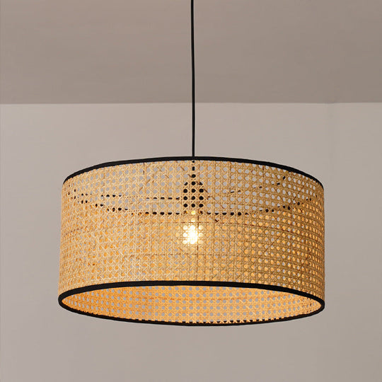 Rattan Drum Shade Pendant Hanging Lamp - Asian-Inspired 1-Light Ceiling Light In Beige