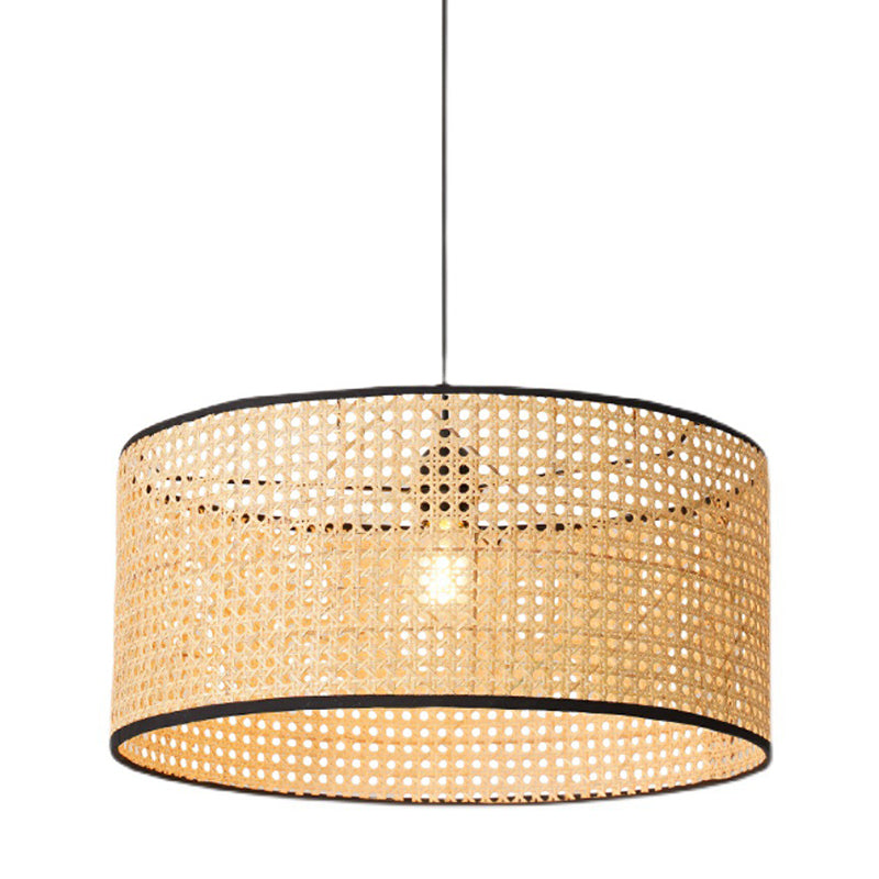 Rattan Drum Shade Pendant Hanging Lamp - Asian-Inspired 1-Light Ceiling Light In Beige / 14