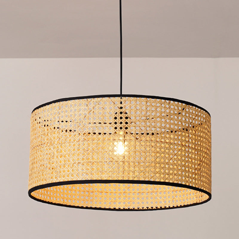 Rattan Drum Shade Pendant Hanging Lamp - Asian-Inspired 1-Light Ceiling Light In Beige