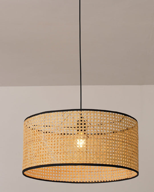 Rattan Drum Shade Pendant Hanging Lamp - Asian-Inspired 1-Light Ceiling Light In Beige