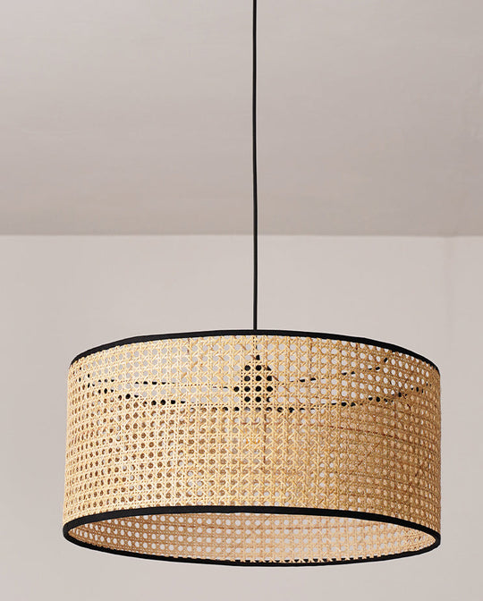 Rattan Drum Shade Pendant Hanging Lamp - Asian-Inspired 1-Light Ceiling Light In Beige