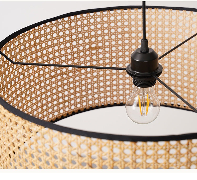 Rattan Drum Shade Pendant Hanging Lamp - Asian-Inspired 1-Light Ceiling Light In Beige