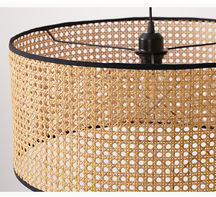 Rattan Drum Shade Pendant Hanging Lamp - Asian-Inspired 1-Light Ceiling Light In Beige