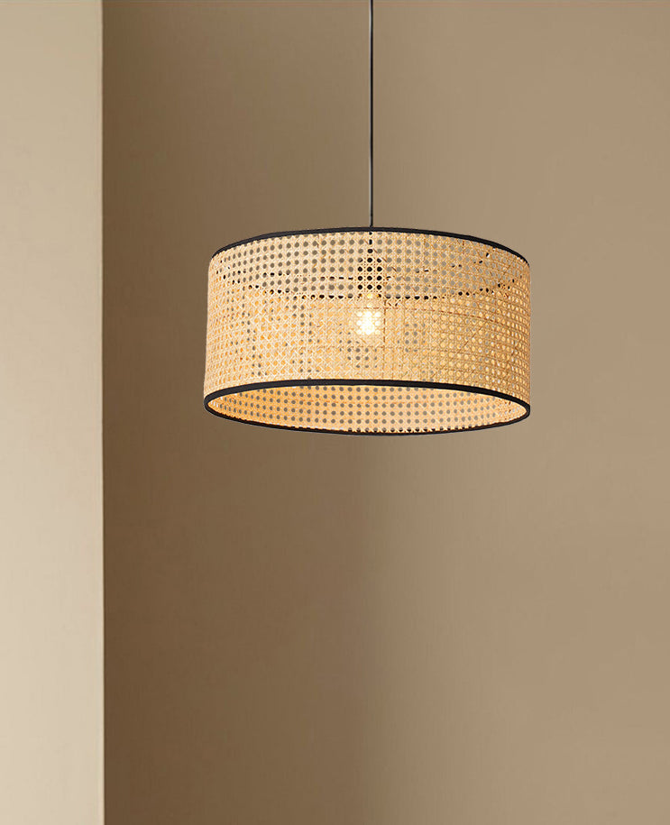 Rattan Drum Shade Pendant Hanging Lamp - Asian-Inspired 1-Light Ceiling Light In Beige