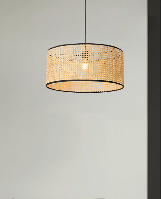 Rattan Drum Shade Pendant Hanging Lamp - Asian-Inspired 1-Light Ceiling Light In Beige