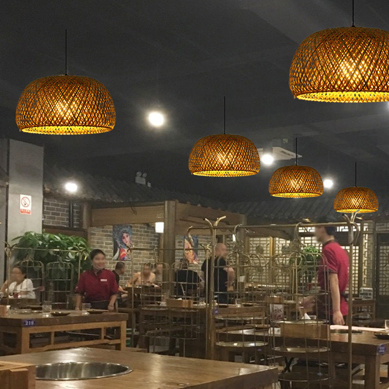 Asian Bamboo 1-Light Double Walled Pendant Lamp Kit In Beige For Restaurants