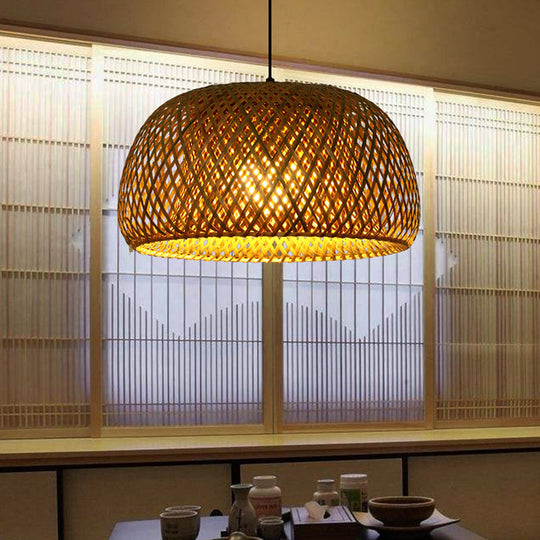 Asian Bamboo 1-Light Double Walled Pendant Lamp Kit In Beige For Restaurants