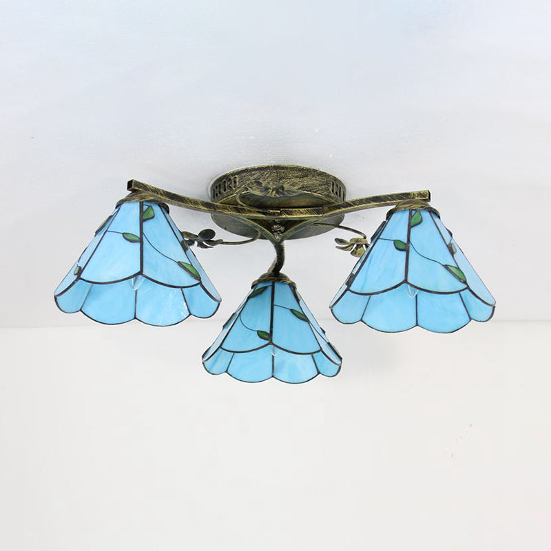 Stained Glass Tiffany Style Flushmount Light With 3 Lights - White/Clear/Blue/Beige