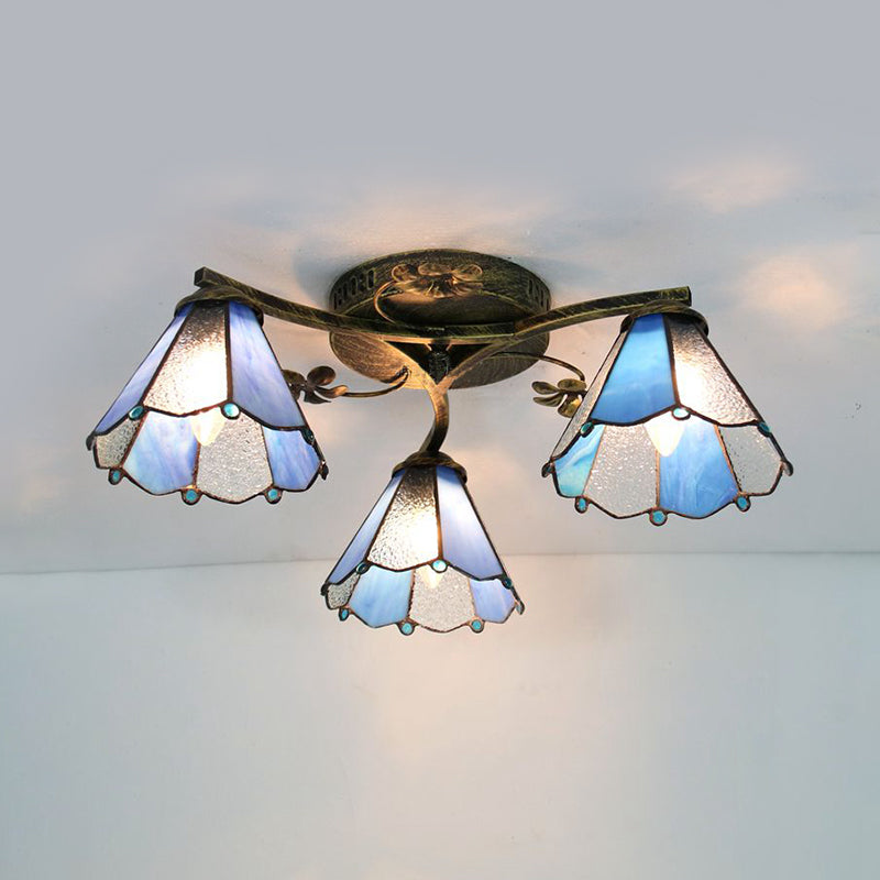 Stained Glass Tiffany Style Flushmount Light with 3 Lights - White/Clear/Blue/Beige