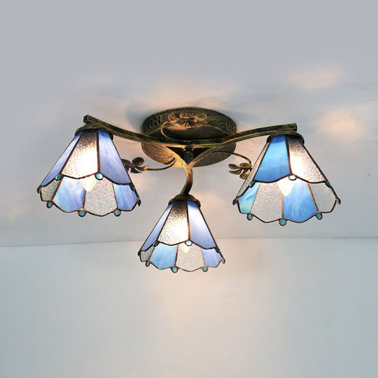 Stained Glass Tiffany Style Flushmount Light with 3 Lights - White/Clear/Blue/Beige