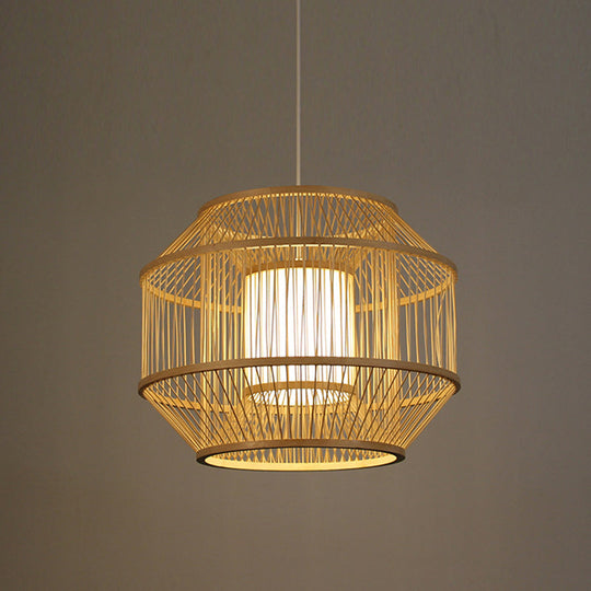 Chinese Style Bamboo Lantern Pendant: Beige Round Hanging Light For Dining Table - 1 Bulb