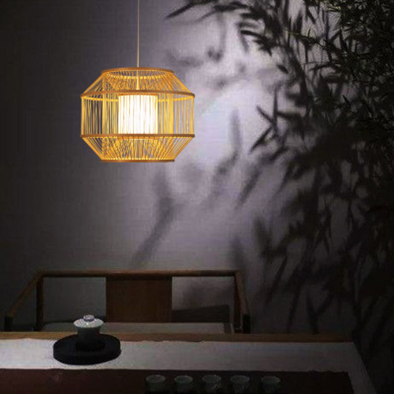 Chinese Style Bamboo Lantern Pendant: Beige Round Hanging Light For Dining Table - 1 Bulb