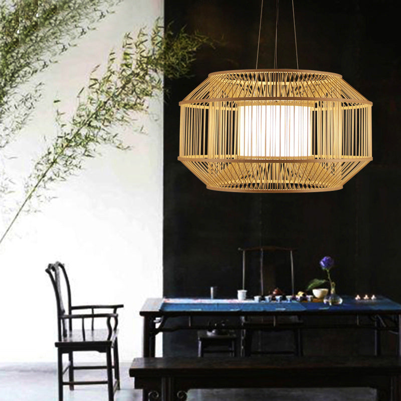 Chinese Style Bamboo Lantern Pendant: Beige Round Hanging Light For Dining Table - 1 Bulb