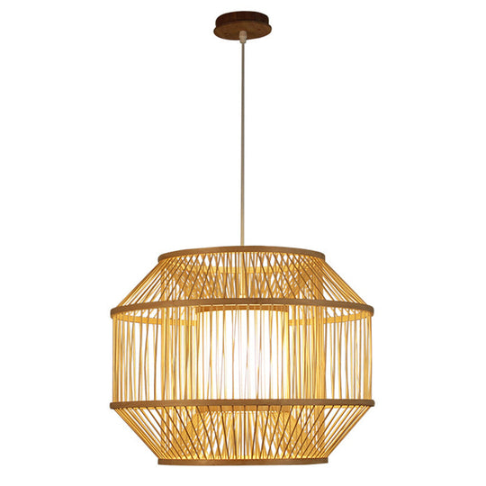 Chinese Style Bamboo Lantern Pendant: Beige Round Hanging Light For Dining Table - 1 Bulb / 16