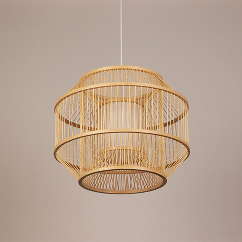 Chinese Style Bamboo Lantern Pendant: Beige Round Hanging Light For Dining Table - 1 Bulb