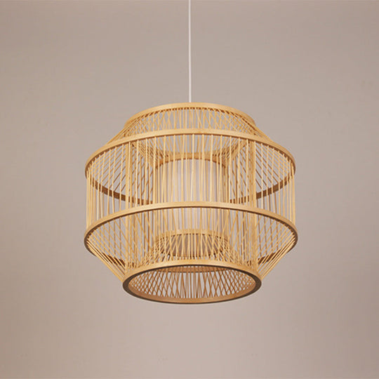 Chinese Style Bamboo Lantern Pendant: Beige Round Hanging Light For Dining Table - 1 Bulb