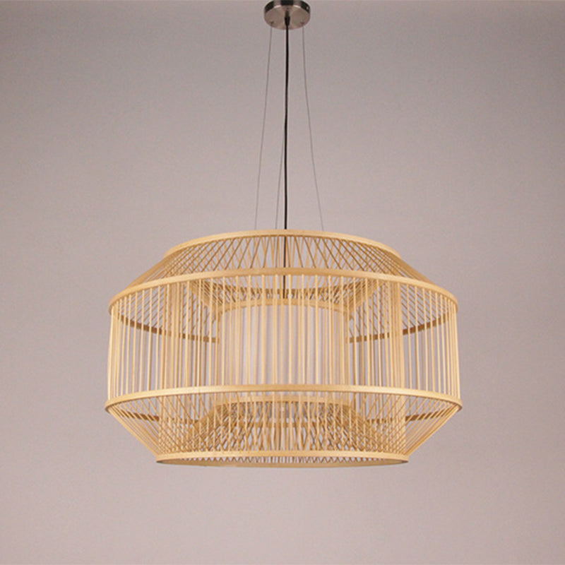 Chinese Style Bamboo Lantern Pendant: Beige Round Hanging Light For Dining Table - 1 Bulb