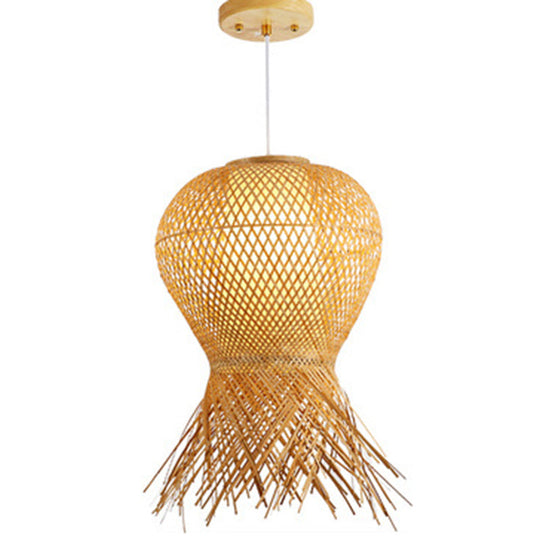 Chinese Style Bamboo Pendant Light For Dining Table - Hand-Woven Beige With 1 Bulb / 16