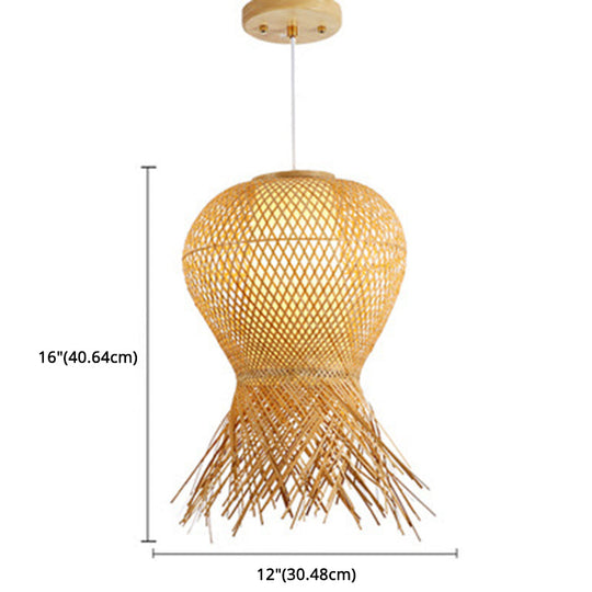 Chinese Style Bamboo Pendant Light For Dining Table - Hand-Woven Beige With 1 Bulb