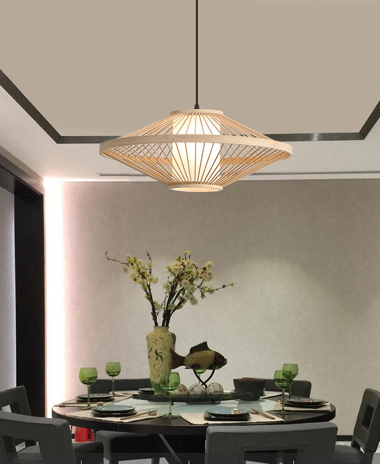 Chinese Bamboo Flying Saucer Pendant Light Fixture - 1 Suspension For Restaurants