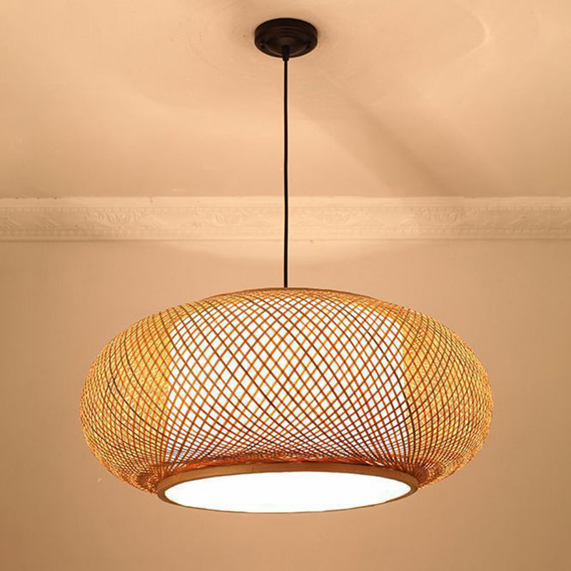 Bamboo Round Lantern Pendant Ceiling Light For Restaurants - Beige With 1