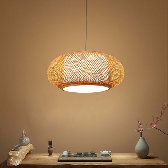 Bamboo Round Lantern Pendant Ceiling Light For Restaurants - Beige With 1