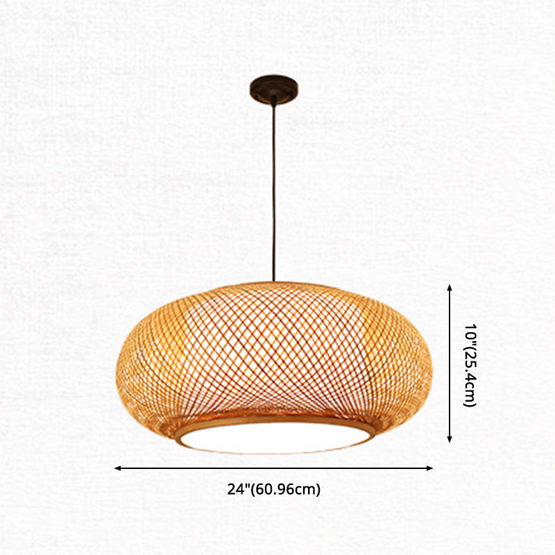 Bamboo Round Lantern Pendant Ceiling Light For Restaurants - Beige With 1