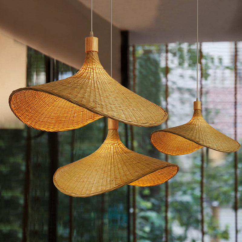 Beige Straw Hat Pendant Light - Asian Style Ceiling Lamp for Dining Table