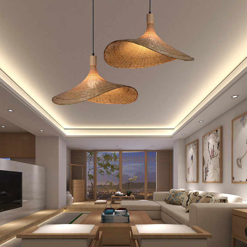 Beige Straw Hat Pendant Light - Asian Style Ceiling Lamp for Dining Table