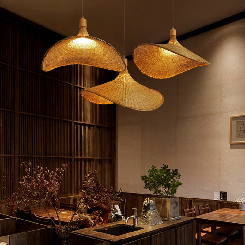 Beige Straw Hat Pendant Light - Asian Style Ceiling Lamp for Dining Table