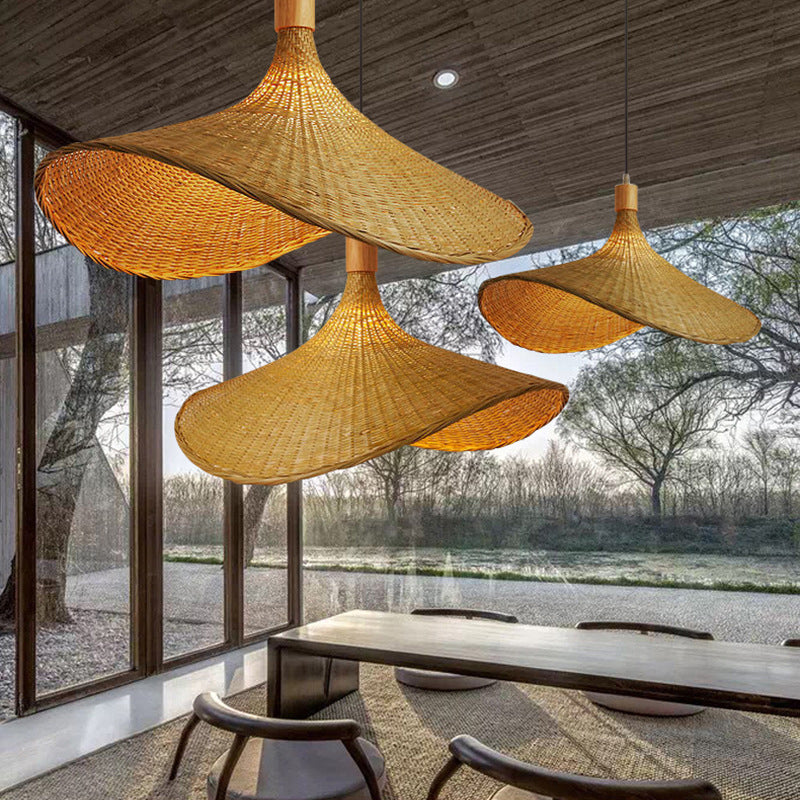 Beige Straw Hat Pendant Light - Asian Style Ceiling Lamp for Dining Table