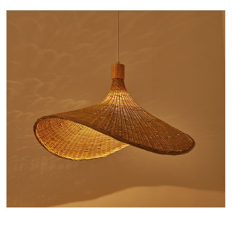 Beige Straw Hat Pendant Light - Asian Style Ceiling Lamp for Dining Table