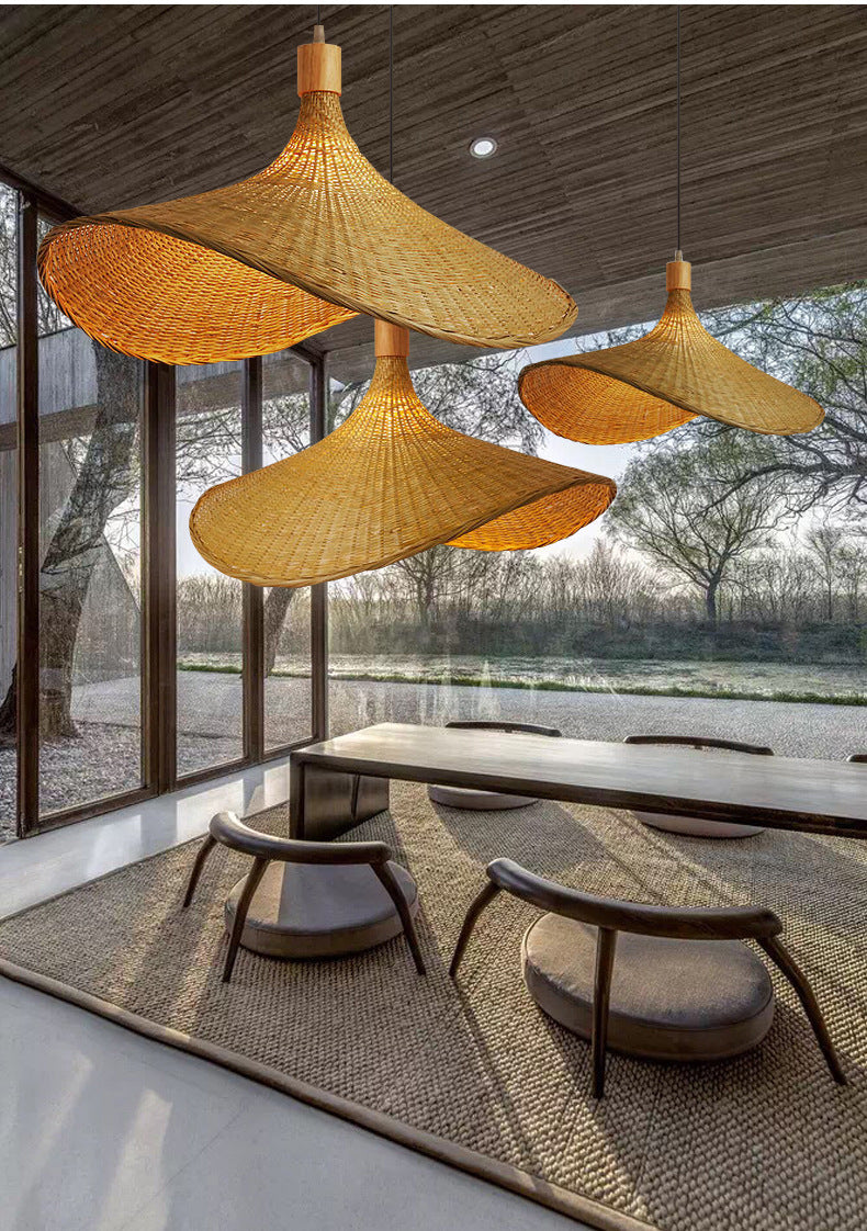 Beige Straw Hat Pendant Light - Asian Style Ceiling Lamp for Dining Table