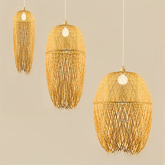 Chinese Style Bamboo Pendant Light For Dining Table - Handcrafted Beige Finish 1 Bulb